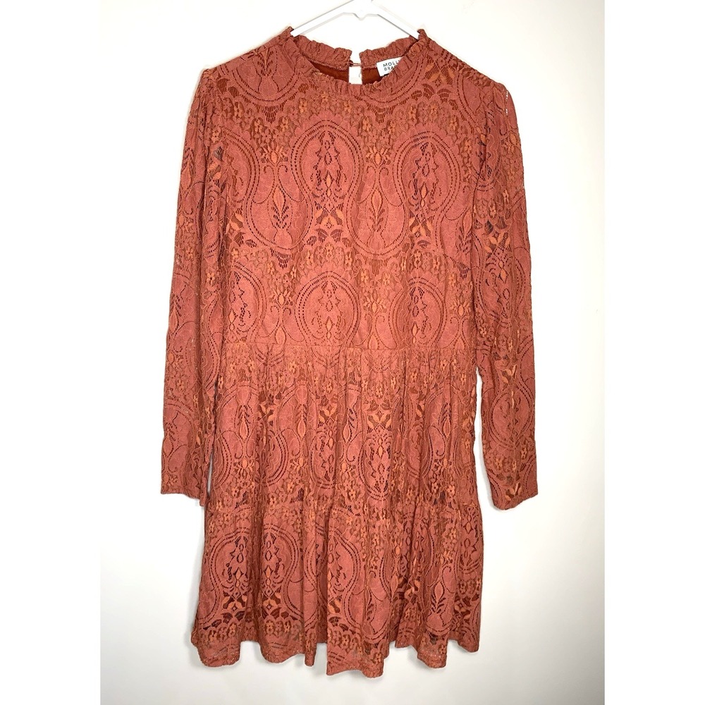 Molly Bracken Dress Medium Rust Brown Lace Mini Boho‎ Cowgirl Long Sleeve